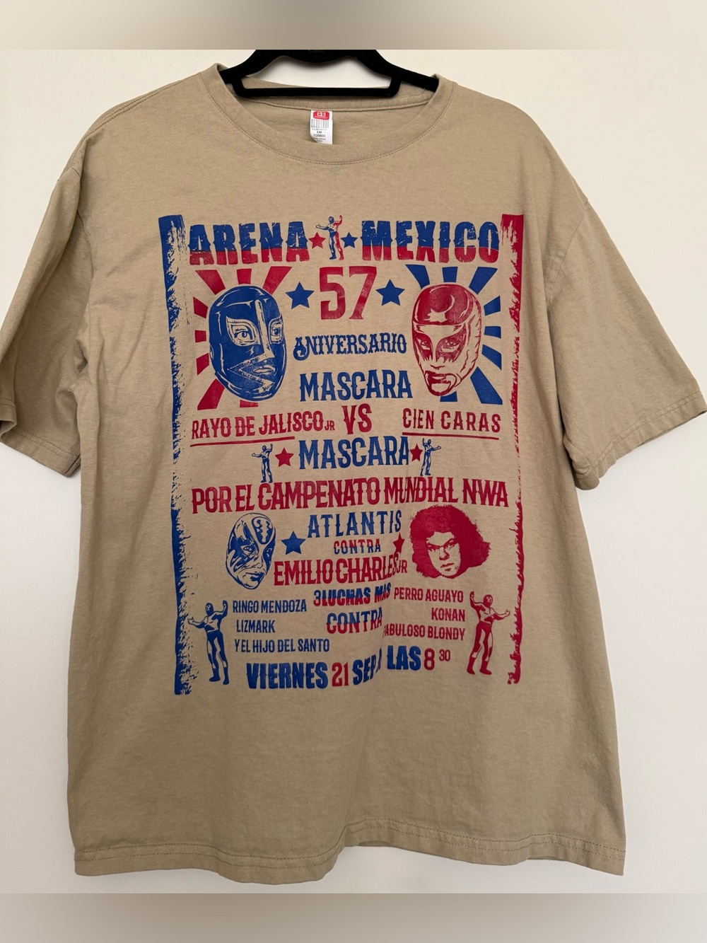 Vintage Lucha Libre Mexican Wrestling Beige Tan Red Blue Graphic Tee L